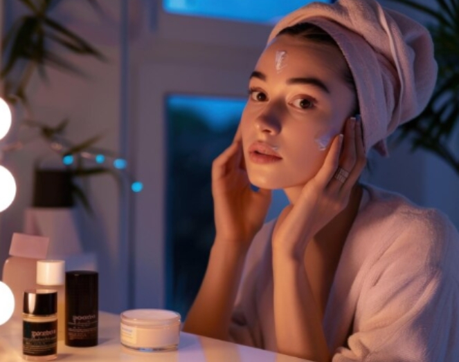 Woman removing makeup with cleansing oil during night skincare routine