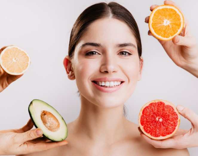 Fresh fruits, vegetables and water for healthy lifestyle and glowing skin