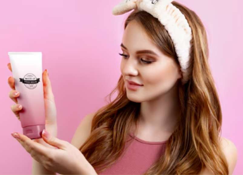 Confident woman with glowing skin holding skincare product